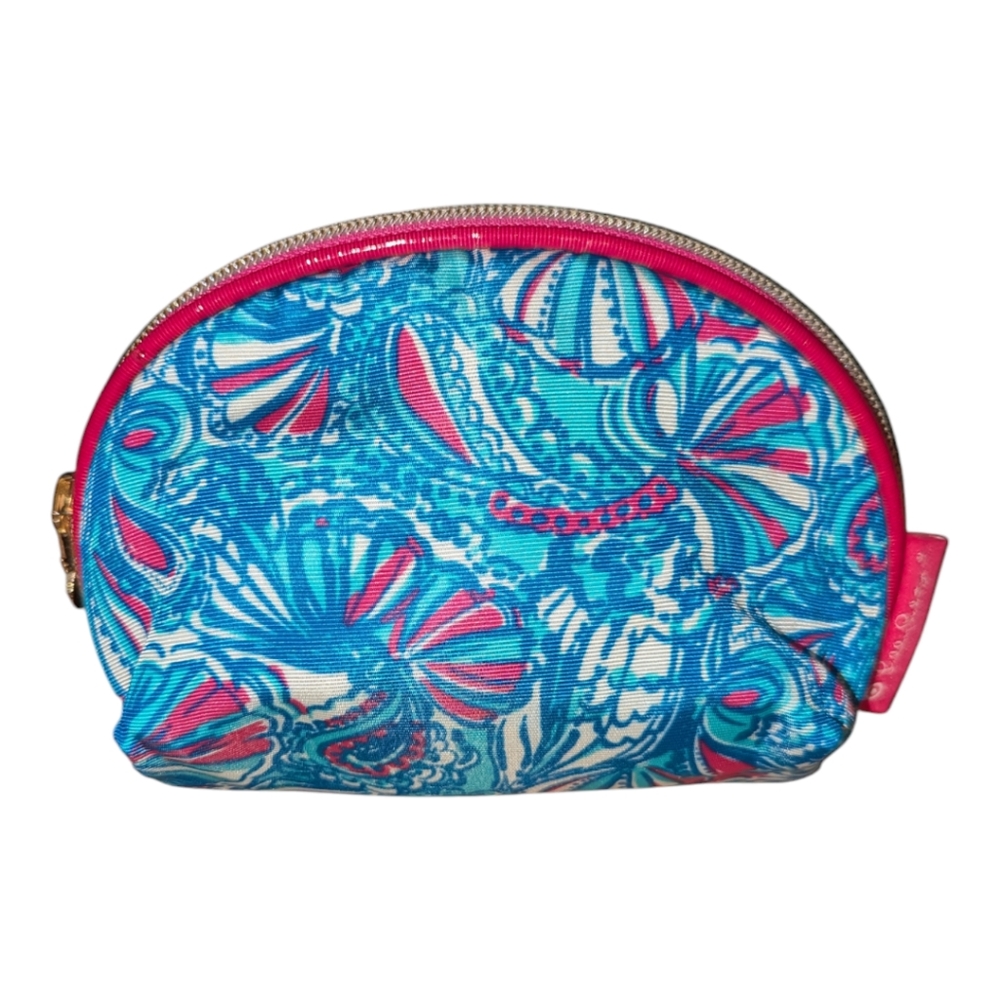 Lilly Pulitzer My Fans Print Round Top Travel Cosmetic Bag in Blue White Pink